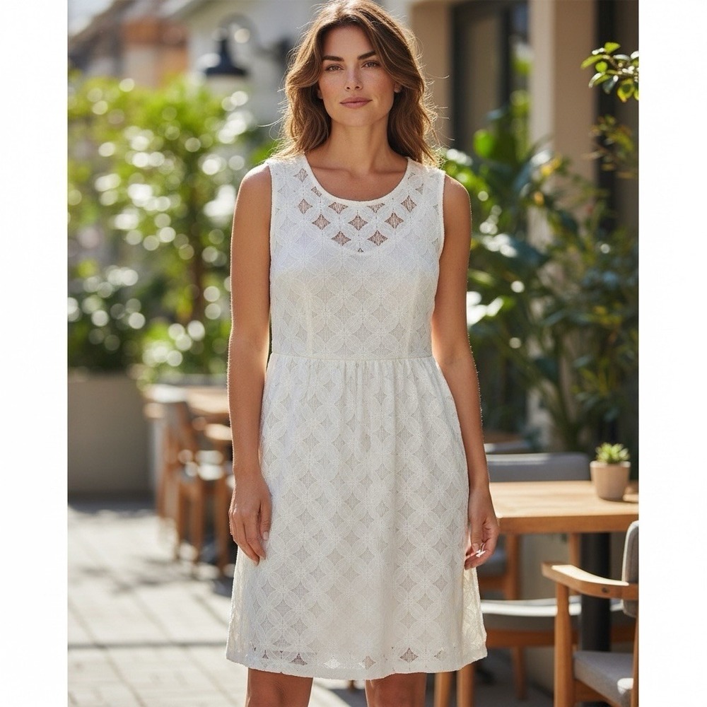 Banana Republic Eyelet Shift Dress Womens 14 White Lined Sleeveless Summer